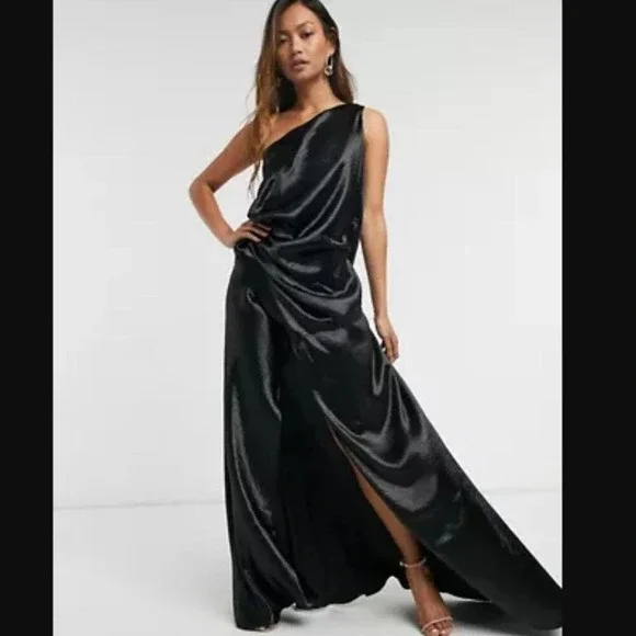 ASOS Black One-Shoulder Satin Maxi Dress - Picture 1 of 7